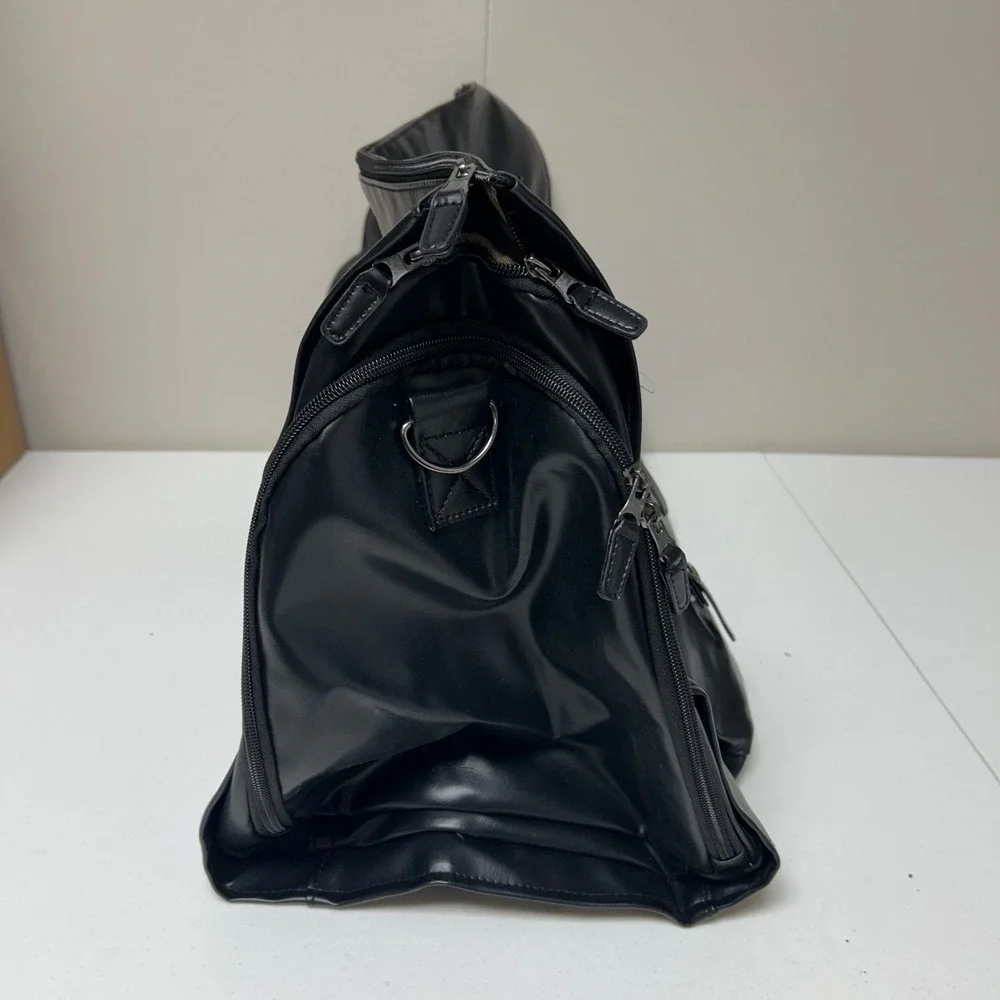 Duffel Bag Large Black Faux Leather Buckle Pocket Travel 15x21.5